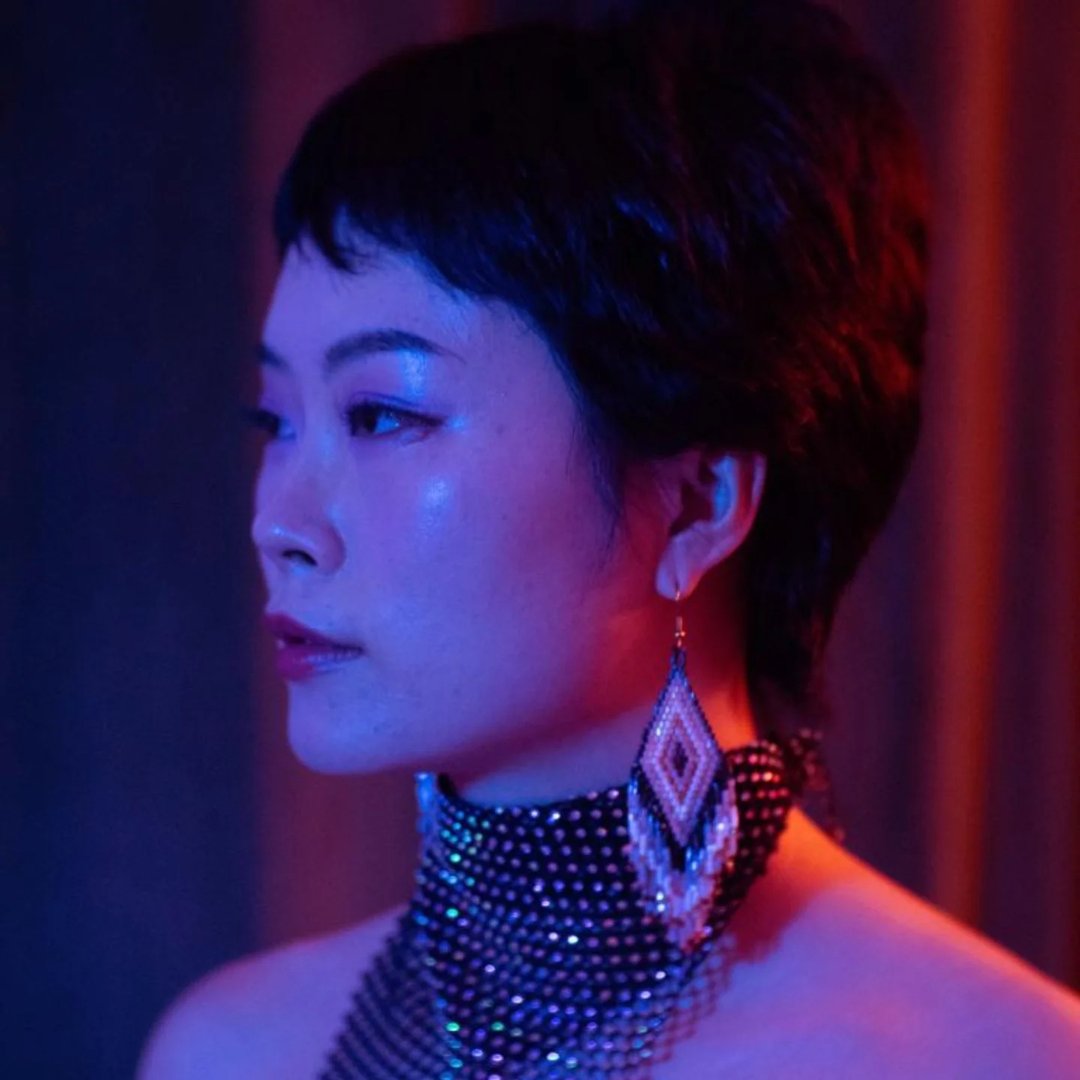 Yiting Liu, creative technologist and MIT Reality Hack Wellness Prize winner, with Vibe Altar interactive installation at Pen + Brush Gallery